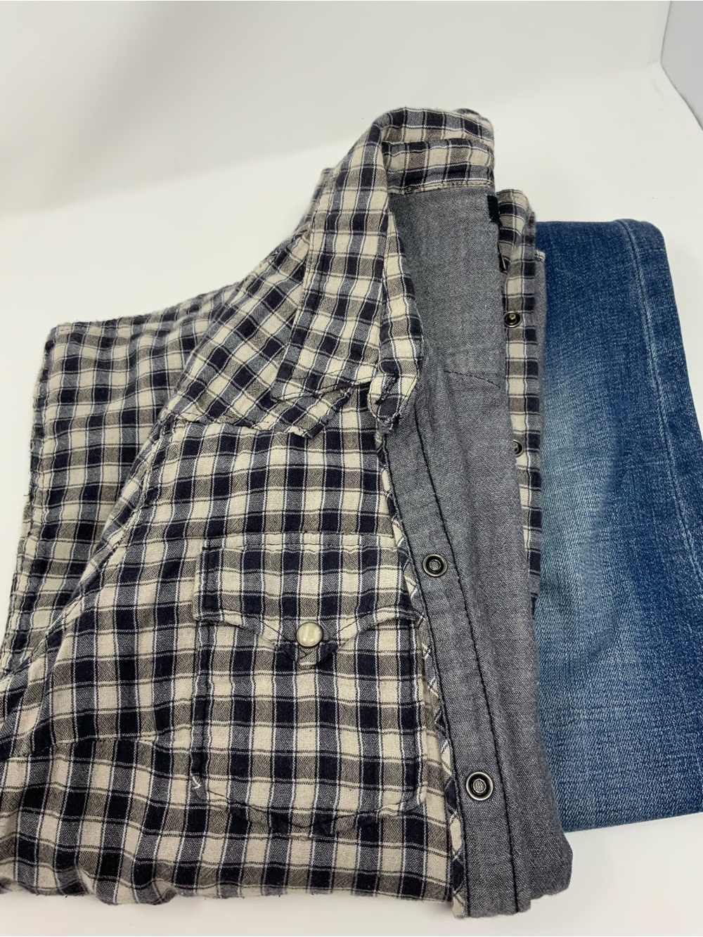 Lucky Brand Navy and White Plaid Snap Button-Down Lined Shirt